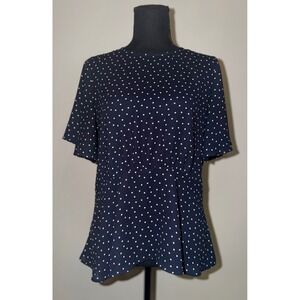 Secretary Chic Navy Blue Polka Dot Peplum Blouse Short Flutter Sleeve Top Size 4